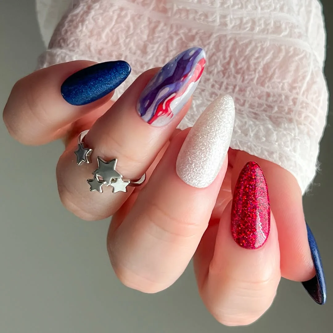 23 4th of july nails 2026 Galaxy Inspired Red White And Blue Sparkle Nails