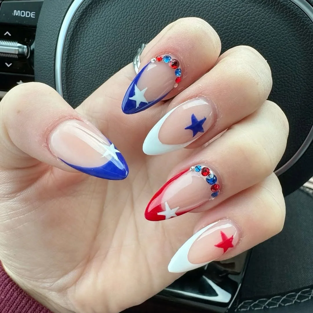 23 4th of july nails 2026 Star French Tip Nails With Rhinestone Americana Glam