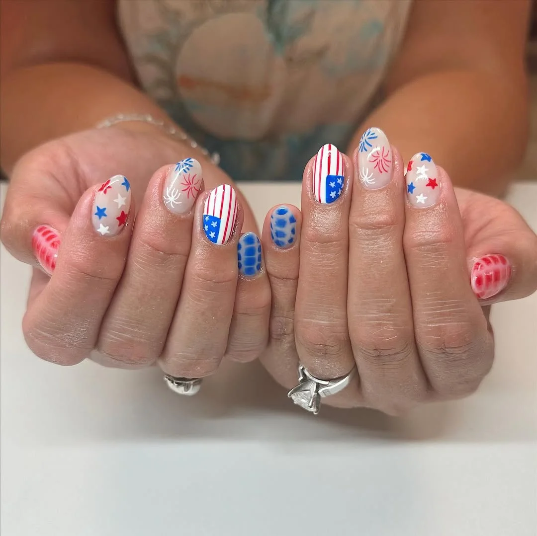 23 4th of july nails 2026 Soft Firework And Star Mix Nails With Playful Retro Energy
