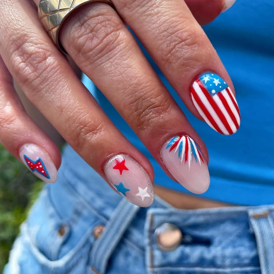 23 4th of july nails 2026 Classic Firework Burst Nails With Soft Silver Details