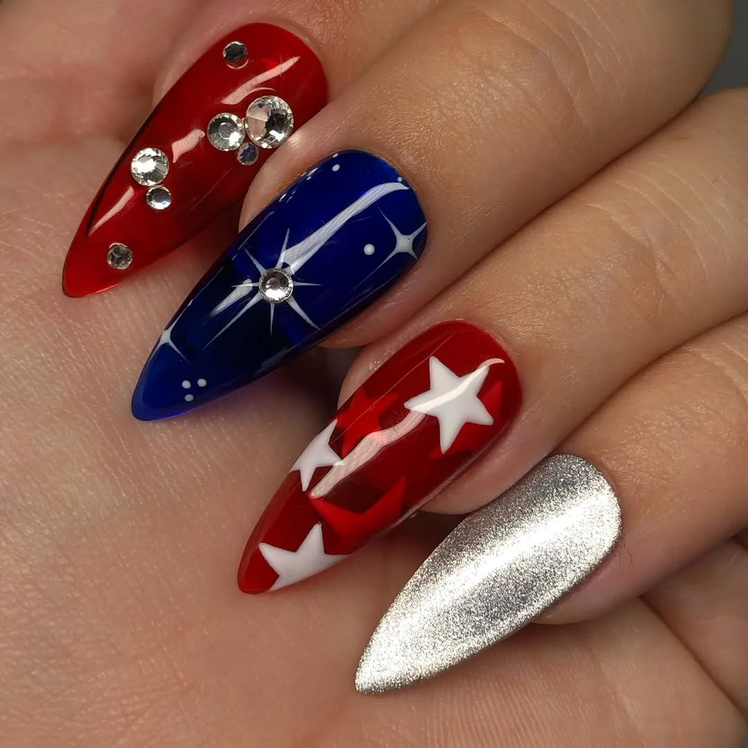23 4th of july nails 2026 Chrome Silver And Rhinestone Star Nails For Glam Firework Nights