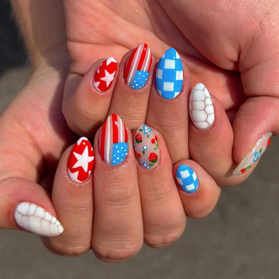 23 4th of july nails 2026 Picnic Inspired Patchwork Nails With Soft Summer Colors