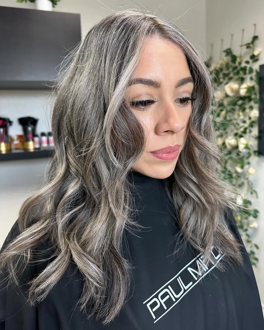cool summer ash blonde hair color 2026 Smoky Silver Brunette With Face-Framing Contrast