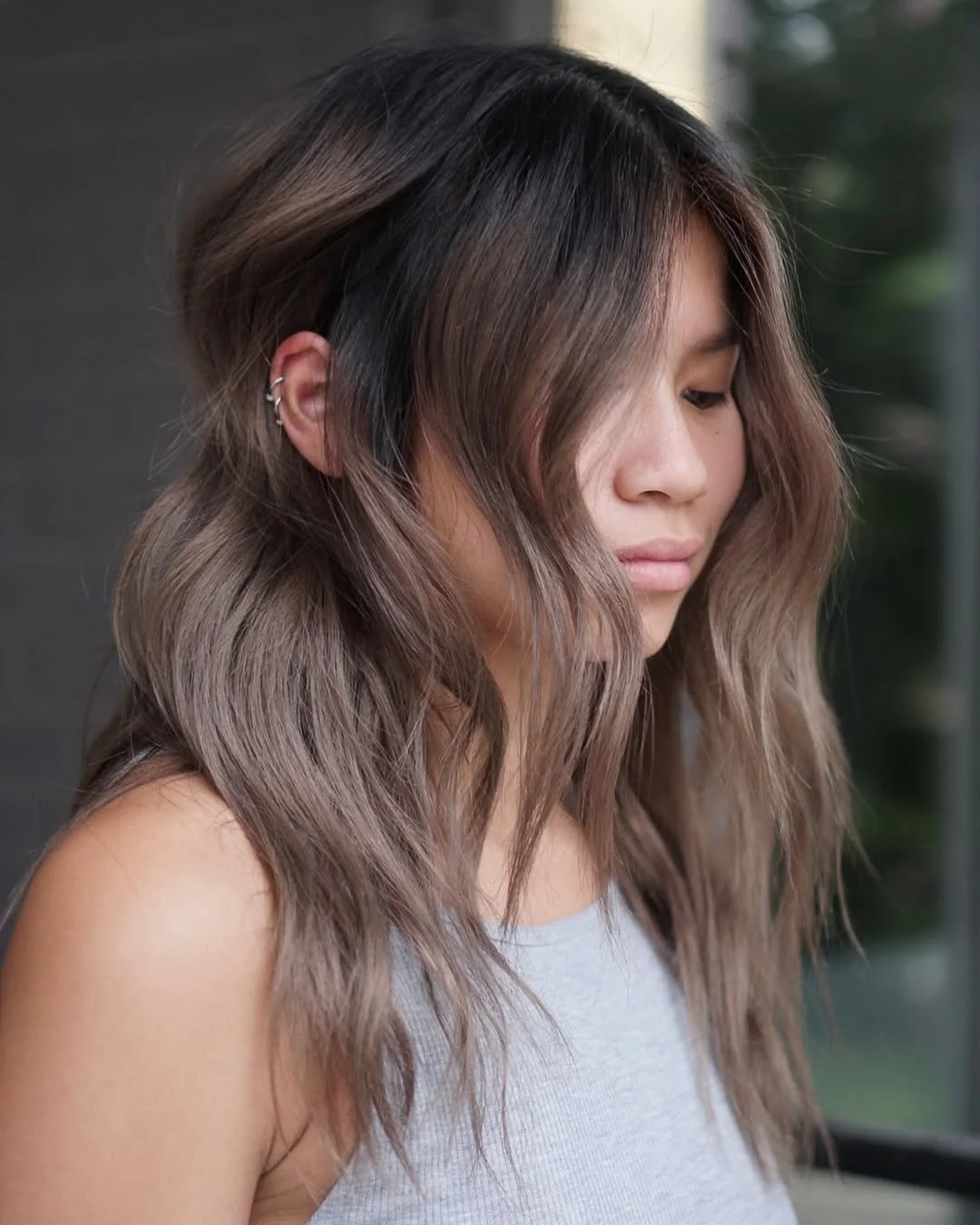 19 cool-toned summer mushroom brown hair color 2026 Soft Smoky Mushroom Waves With Muted Dimension