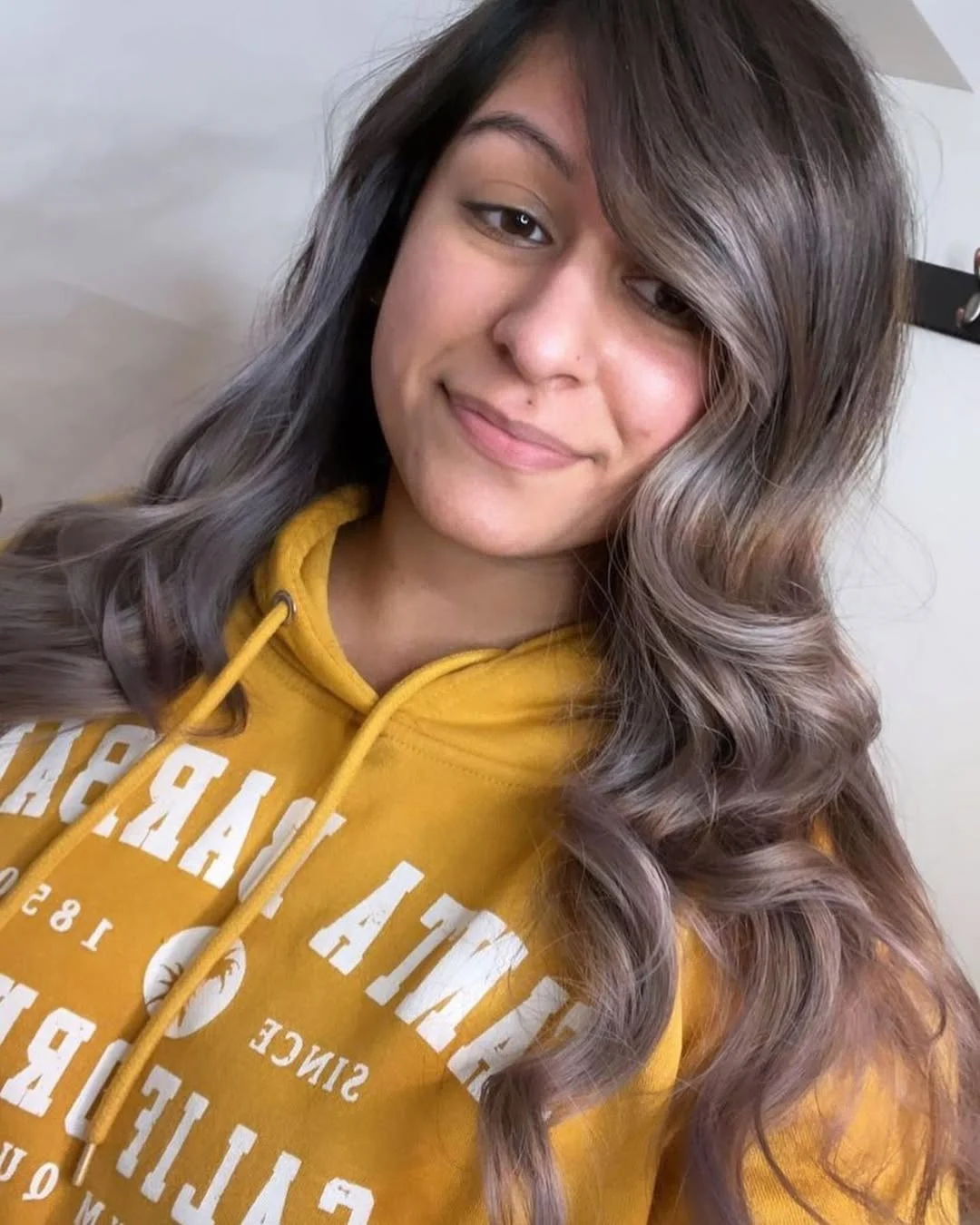 19 cool-toned summer mushroom brown hair color 2026 Smokey Grey Mushroom Brown With Curly Gloss Finish