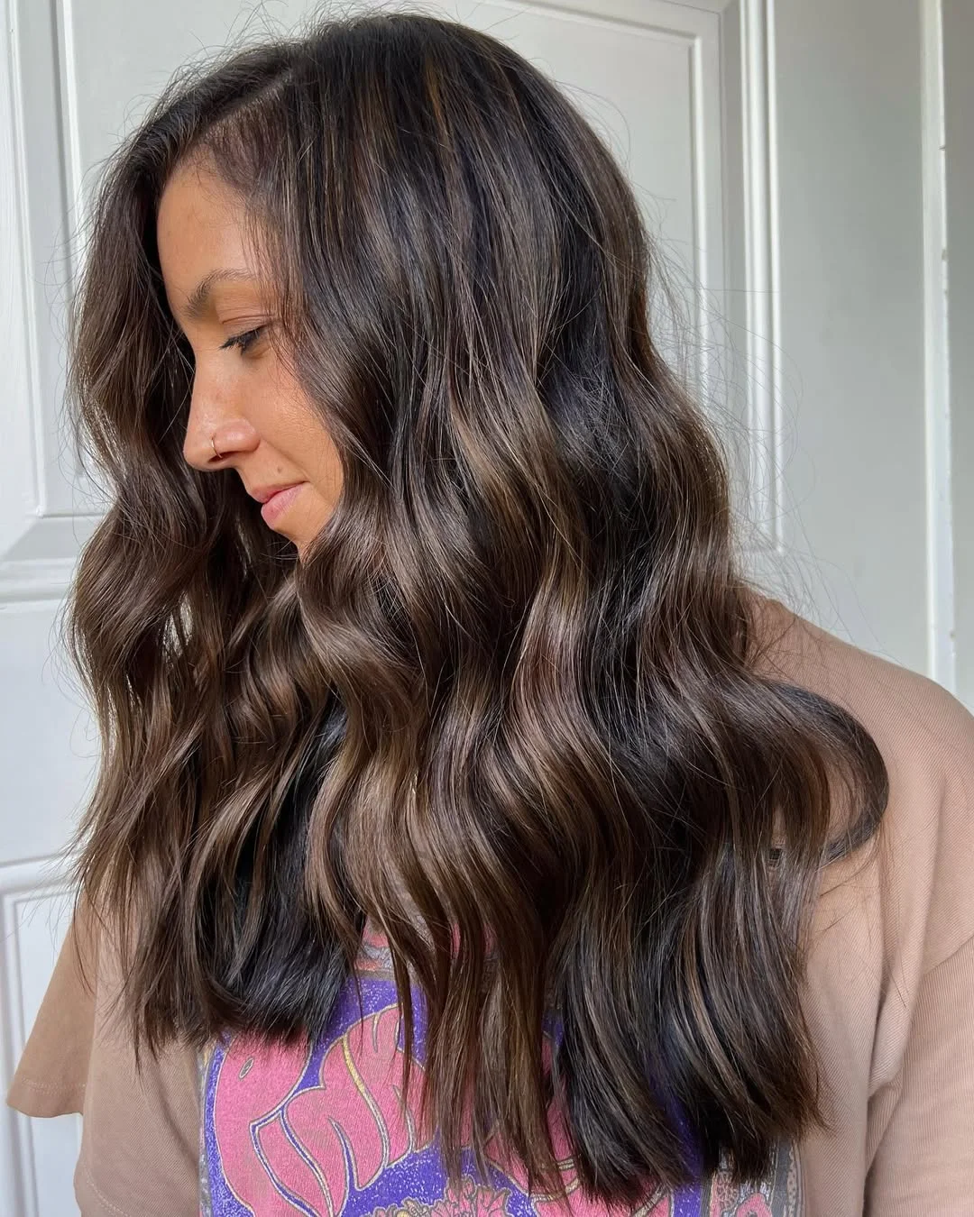 19 cool-toned summer mushroom brown hair color 2026 Deep Smokey Brunette With Subtle Money Piece Dimension