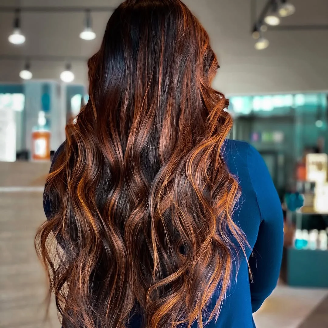 deep summer auburn hair color 2026 Espresso Auburn Waves With Smoky Copper Ribbons