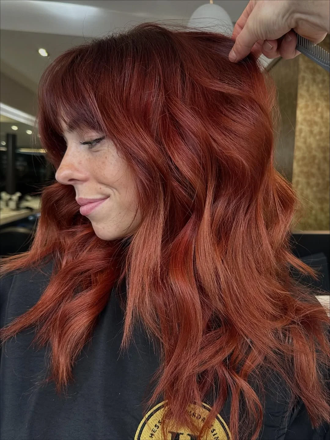 deep summer auburn hair color 2026 Mahogany Auburn Layers With Airy Curtain Bangs