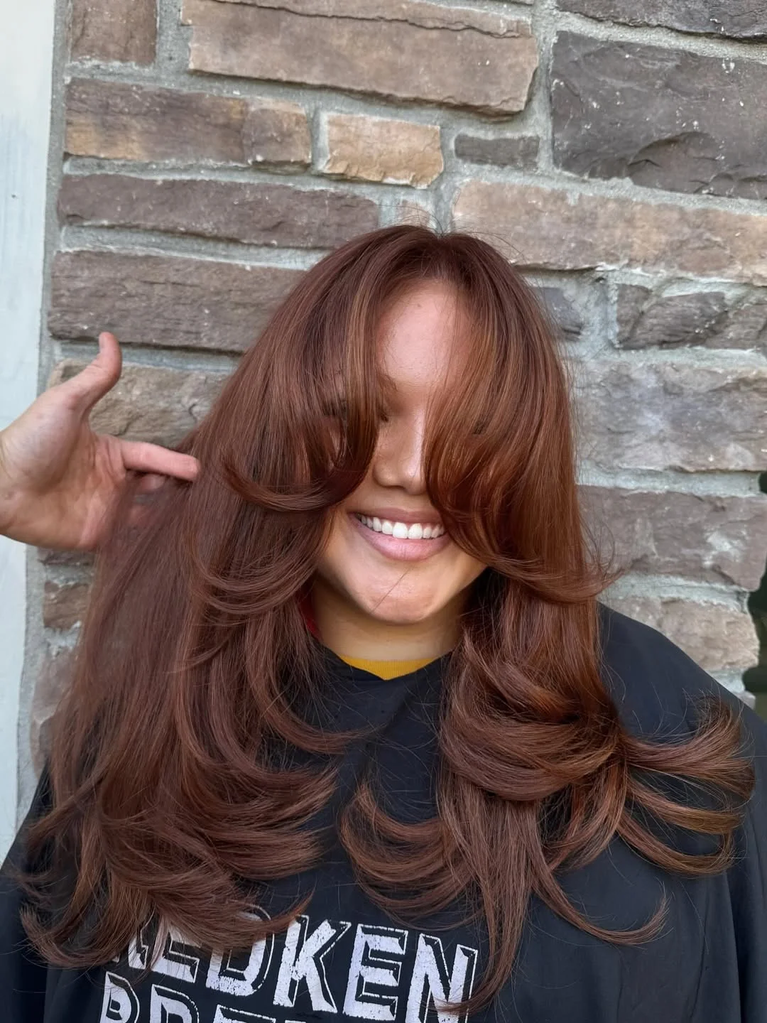 deep summer auburn hair color 2026 Chocolate Auburn Butterfly Layers With Voluminous Bounce
