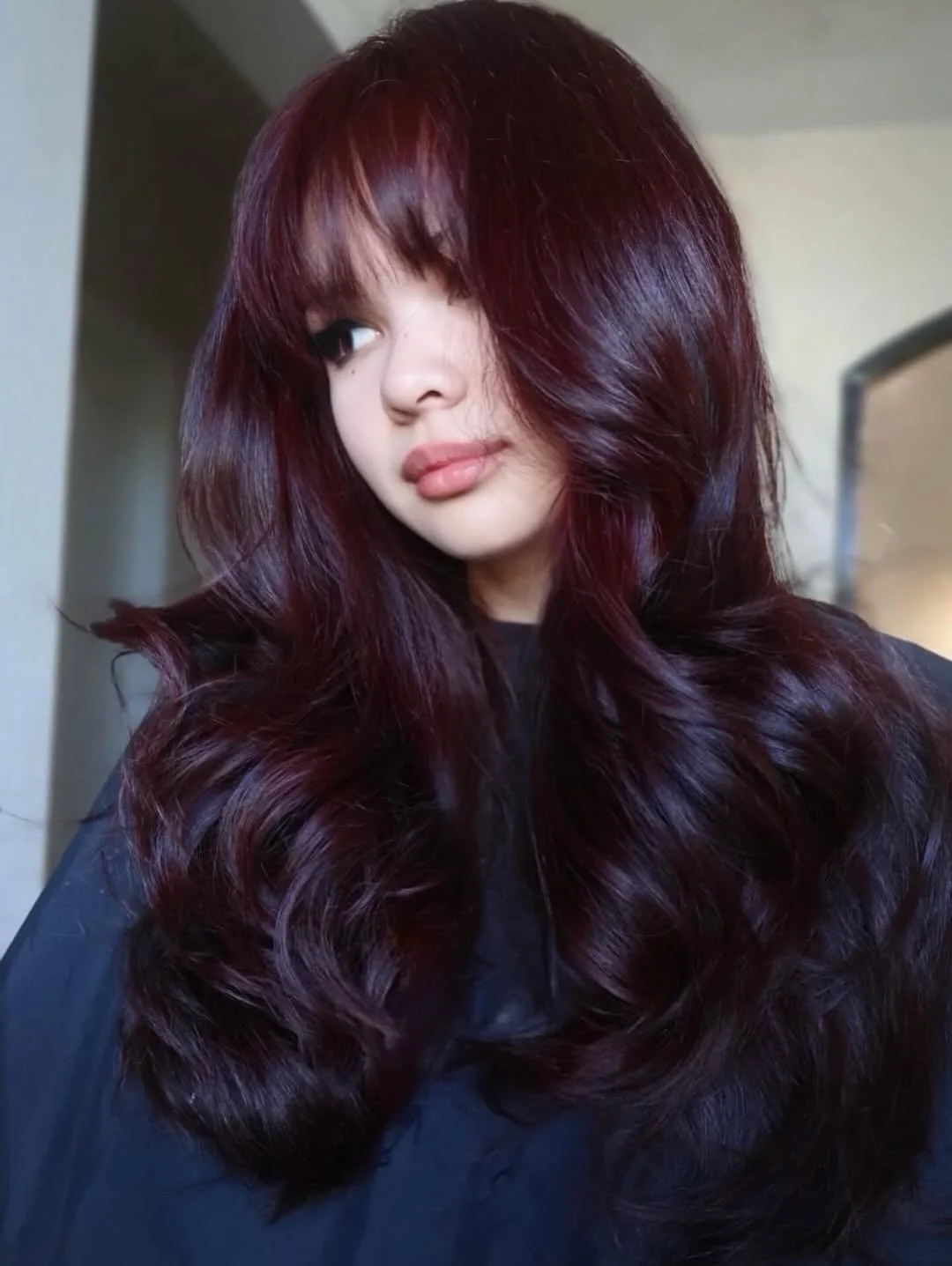 deep summer velvet burgundy hair color 2026 Cherry Cola Curtain Layers With Soft Velvet Texture