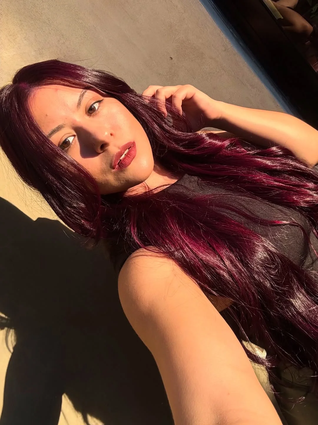 deep summer velvet burgundy hair color 2026 Sunlit Velvet Wine Hair With Glossy Cherry Reflections