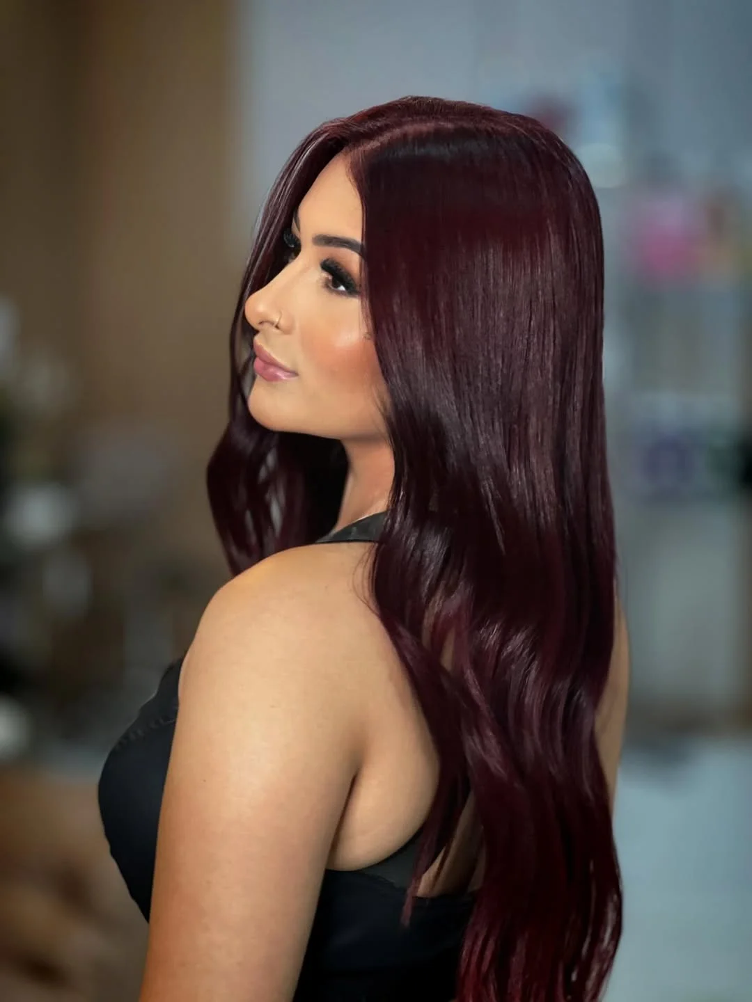 deep summer velvet burgundy hair color 2026 Classic Merlot Silk Hair With Polished Hollywood Shine