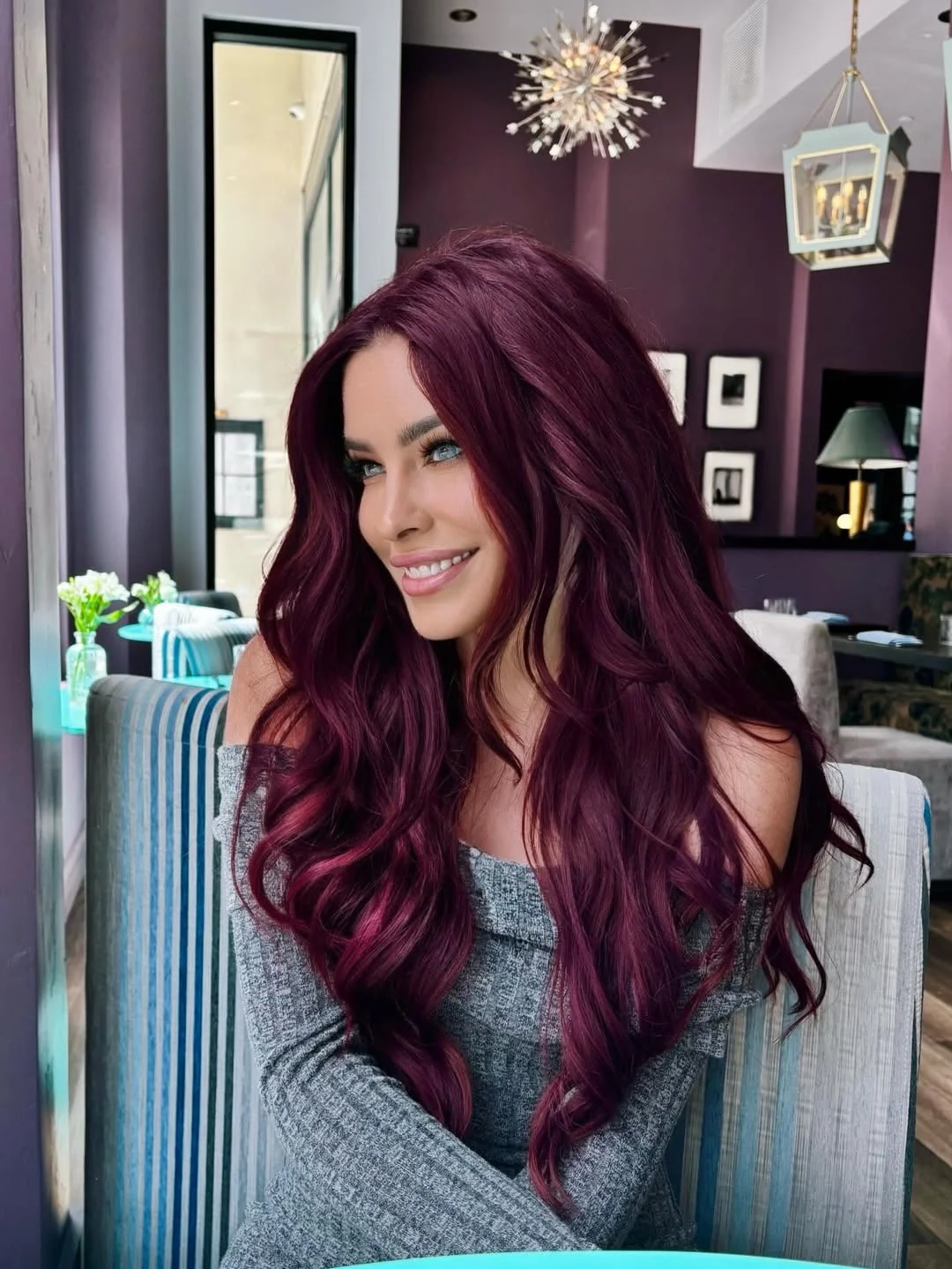 deep summer velvet burgundy hair color 2026 Mulberry Velvet Waves With Romantic Evening Glam