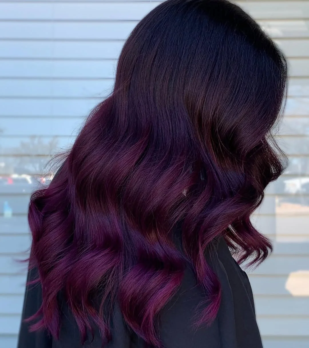 deep summer velvet burgundy hair color 2026 Dark Velvet Plum Waves With Smoky Violet Dimension