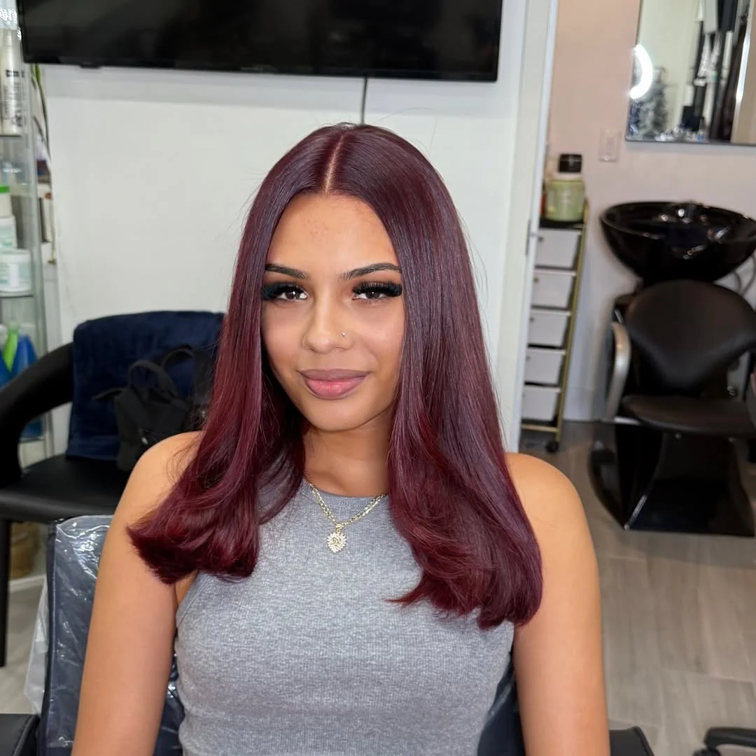 deep summer velvet burgundy hair color 2026 Glossy Burgundy Silk With Minimalist Summer Energy