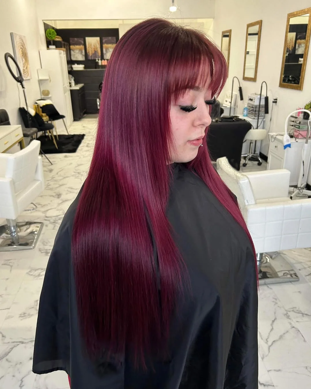 deep summer velvet burgundy hair color 2026 Sleek Blackberry Burgundy With Glass Hair Shine