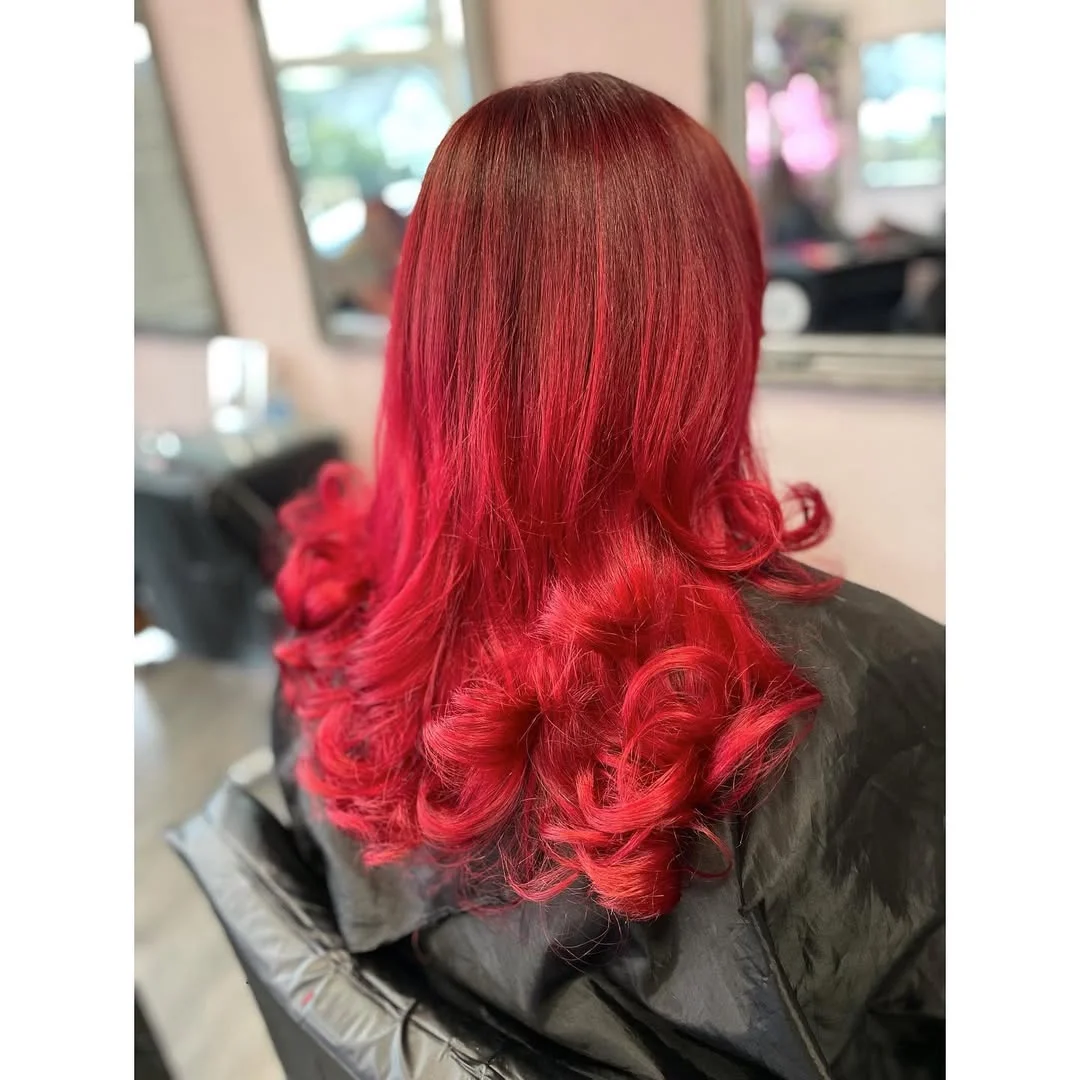 22 fiery summer copper balayage hair ideas 2026 Cherry Cola Red Balayage With Glossy Ribbon Curls