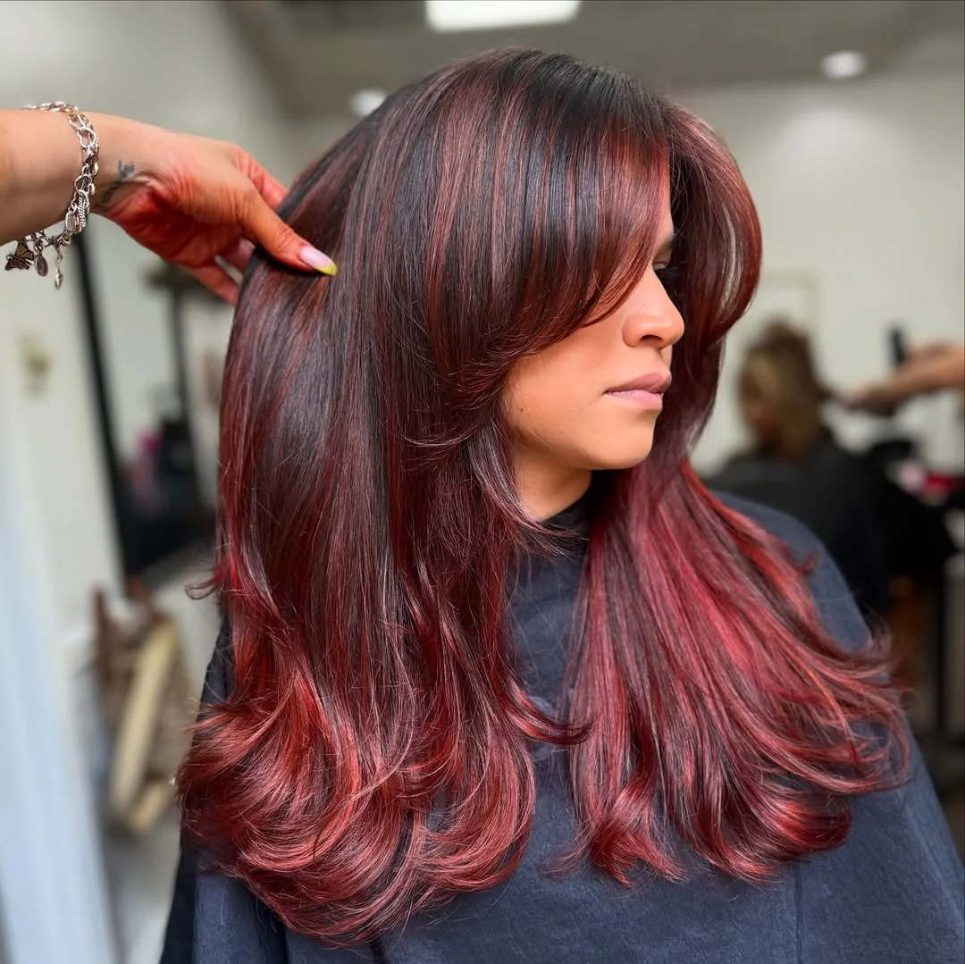 22 fiery summer copper balayage hair ideas 2026 Deep Cherry Cola Layers With Soft Copper Reflection