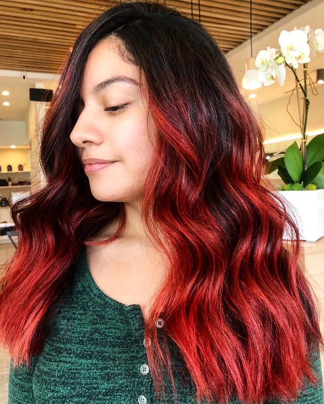 22 fiery summer copper balayage hair ideas 2026 Bold Crimson Copper Waves With Dark Root Contrast