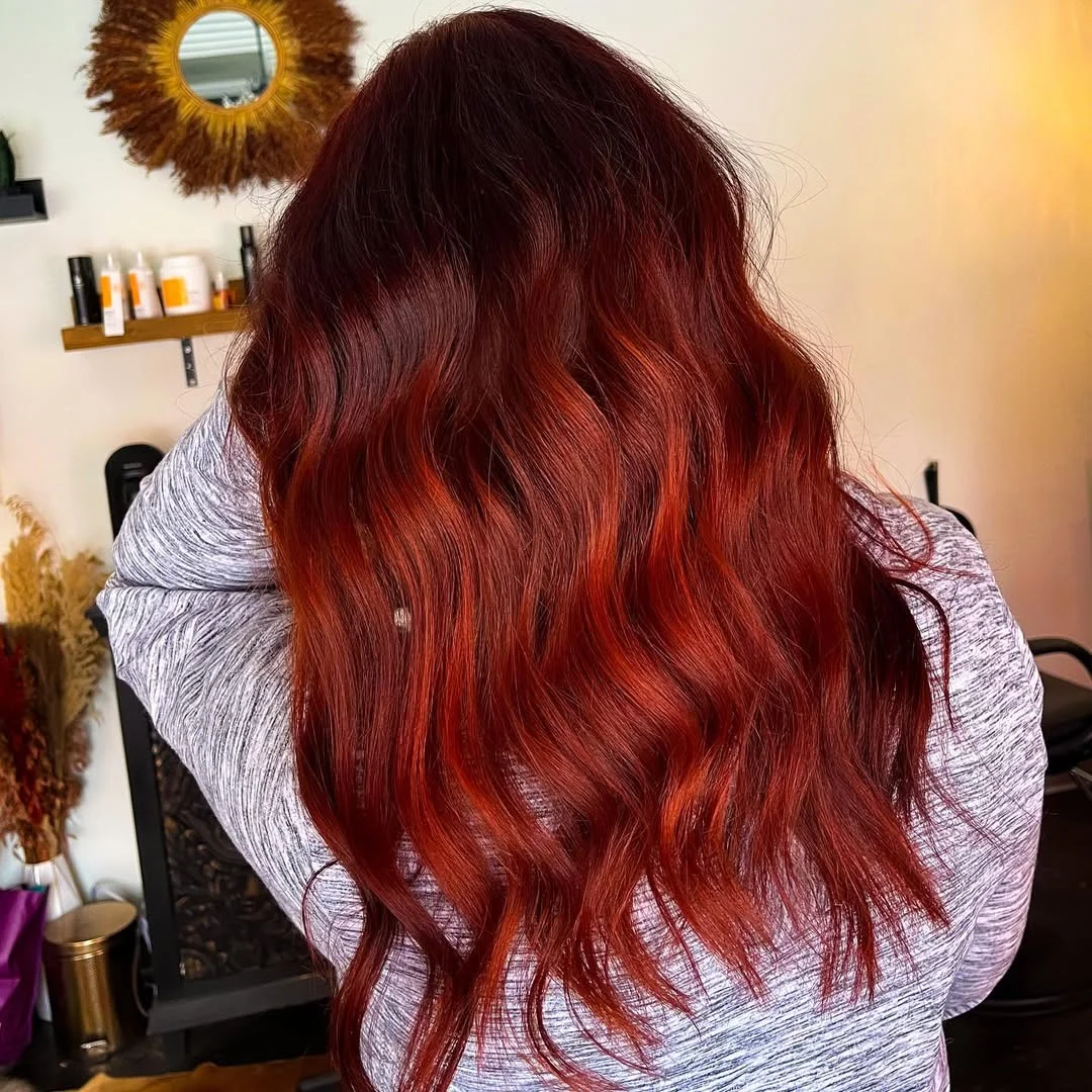 22 fiery summer copper balayage hair ideas 2026 Deep Cherry Copper Waves With Velvet Dimension