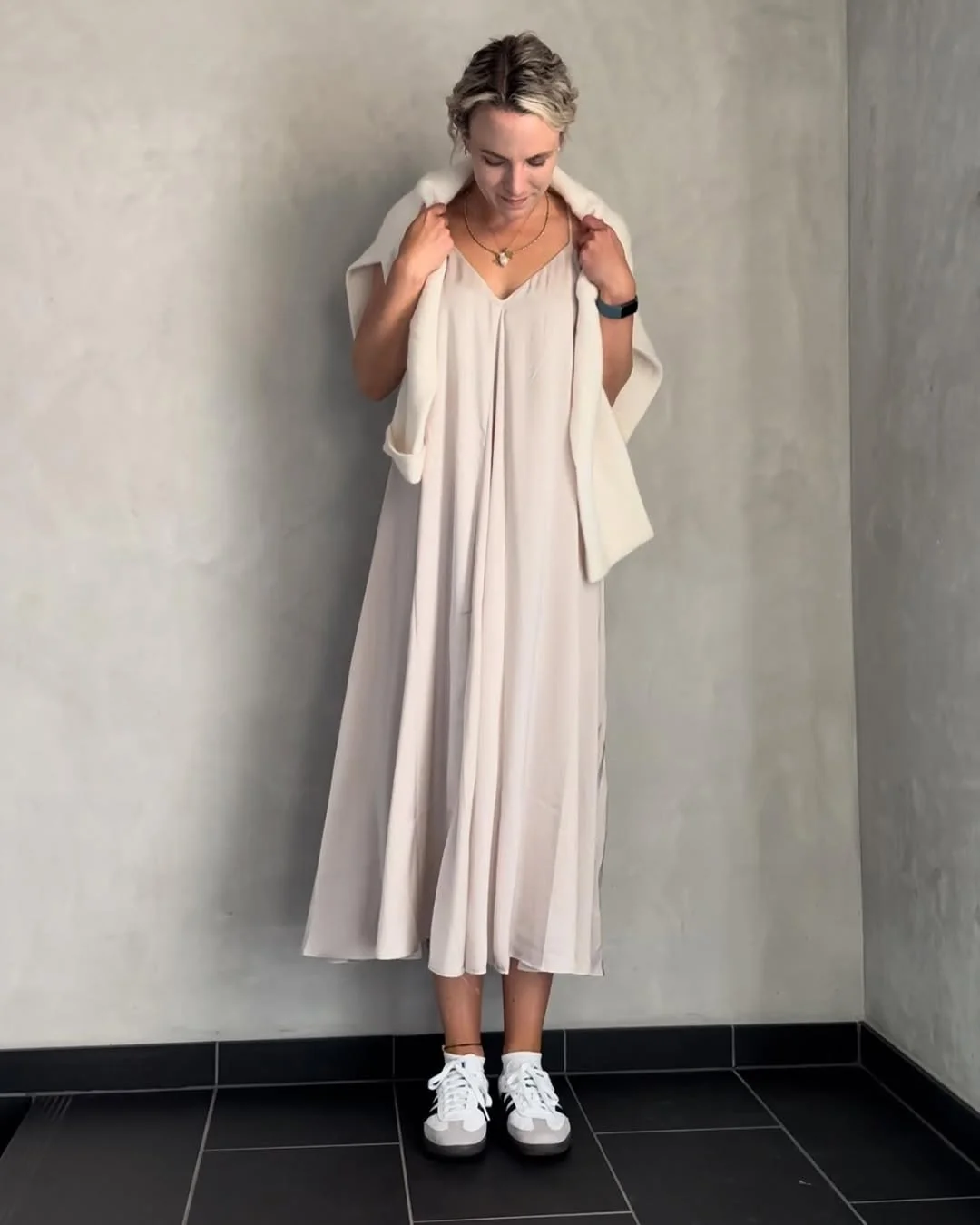 24 June Outfits Ideas for women 2026 Soft Neutral Slip Dresses With Sneakers Are Quiet Luxury At Its Best
