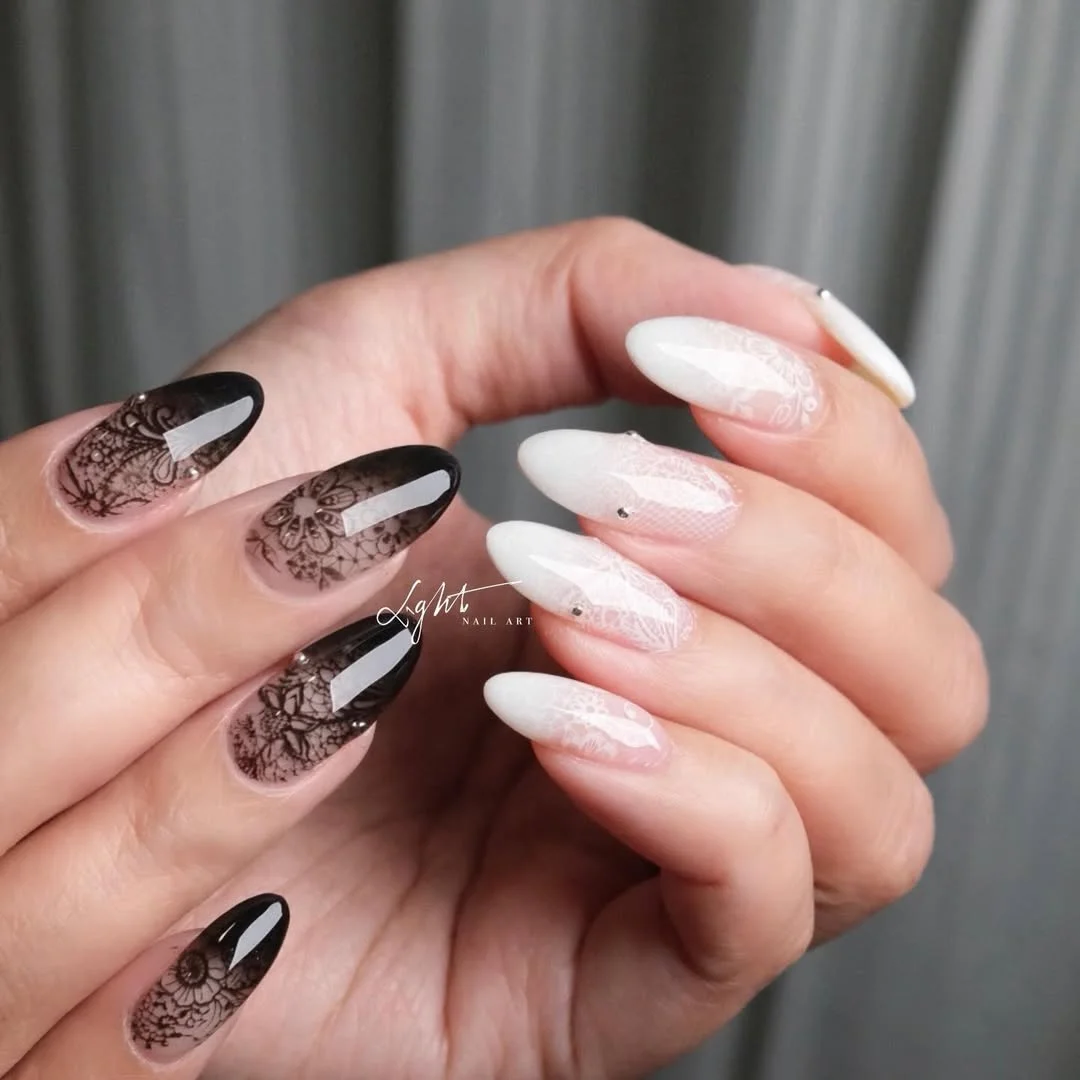 25 light summer nails 2026 Black and White Lace Nails With a Dramatic Summer Twist