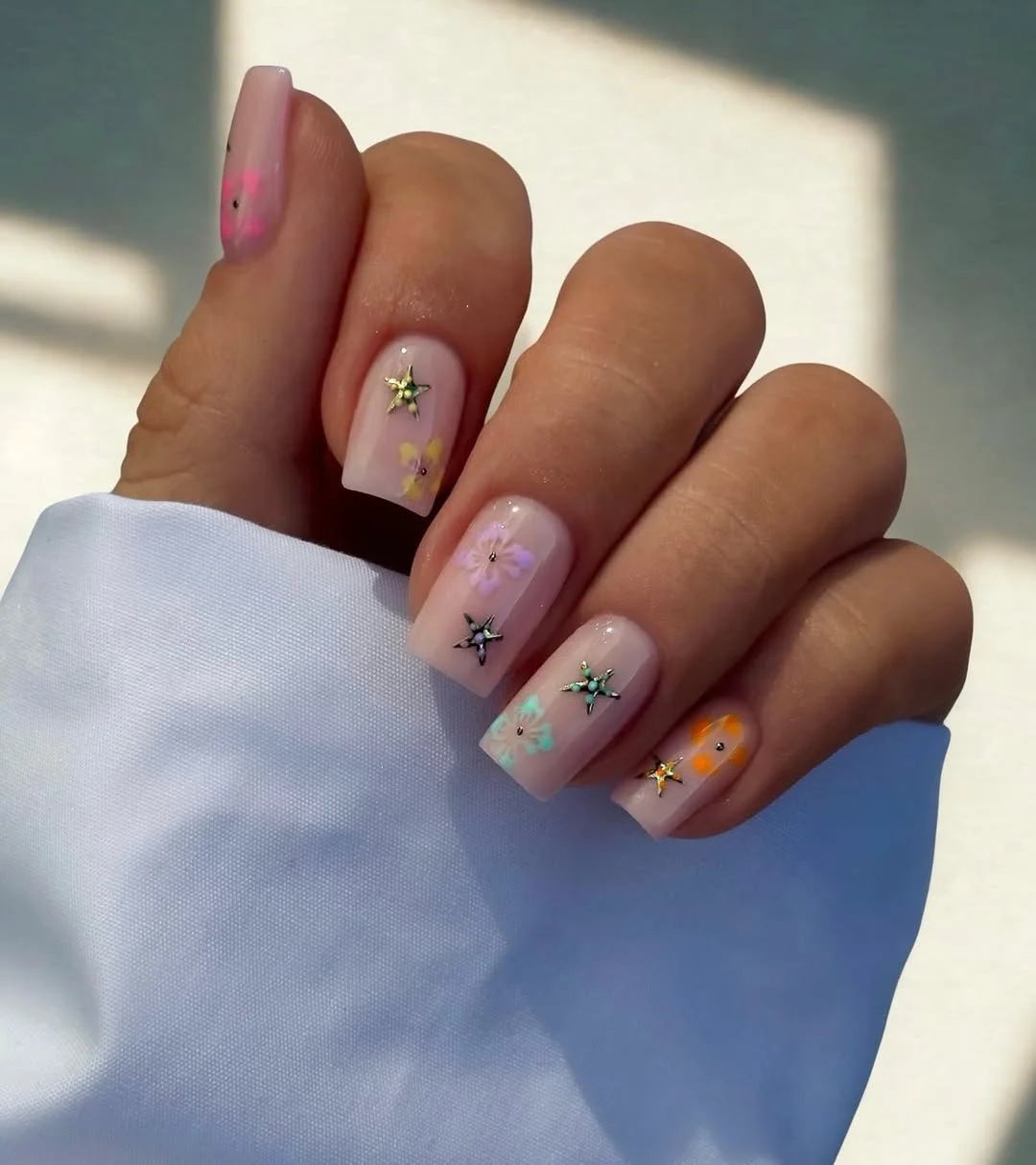 25 light summer nails 2026 Pastel Floral Square Nails With Tiny Star Accents