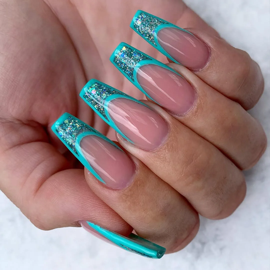 25 light summer nails 2026 Turquoise Glitter French Tips With Y2K Energy