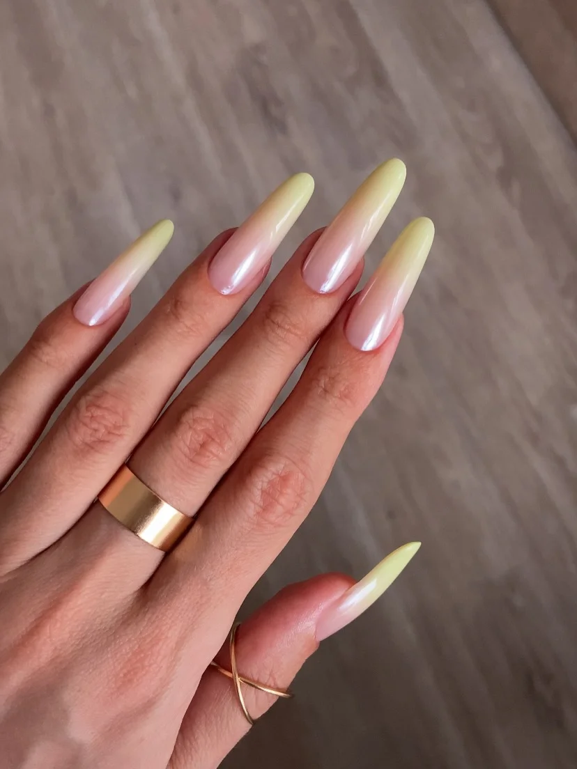 25 light summer nails 2026 Lemonade Ombre Almond Nails With a Glossy Glow