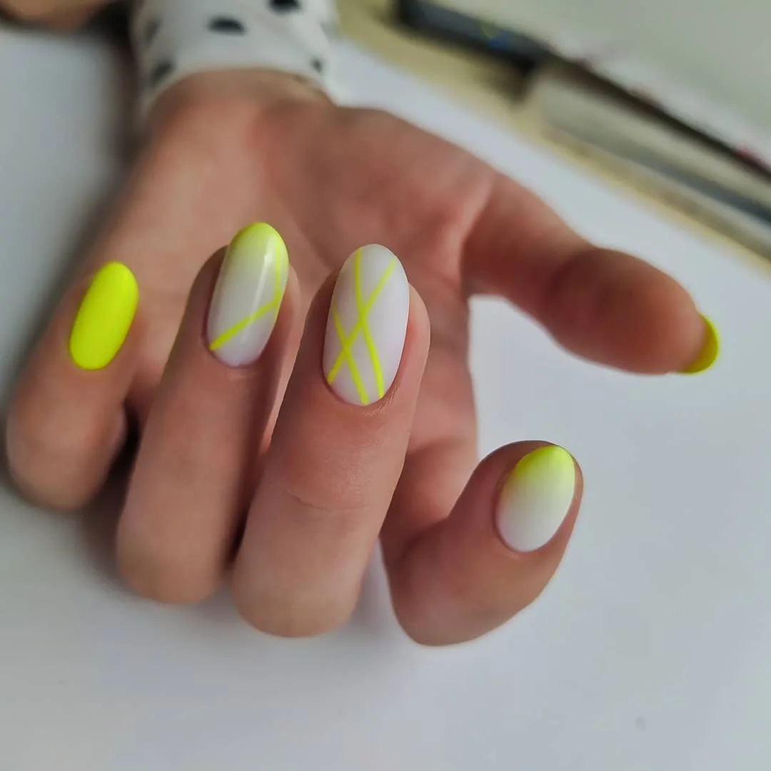 25 light summer nails 2026 Neon Lime Airbrush Nails With Graphic Summer Lines