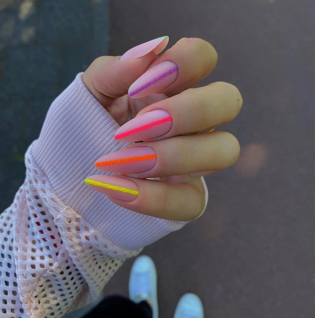 25 light summer nails 2026 Neon Outline Almond Nails for Late Summer Energy