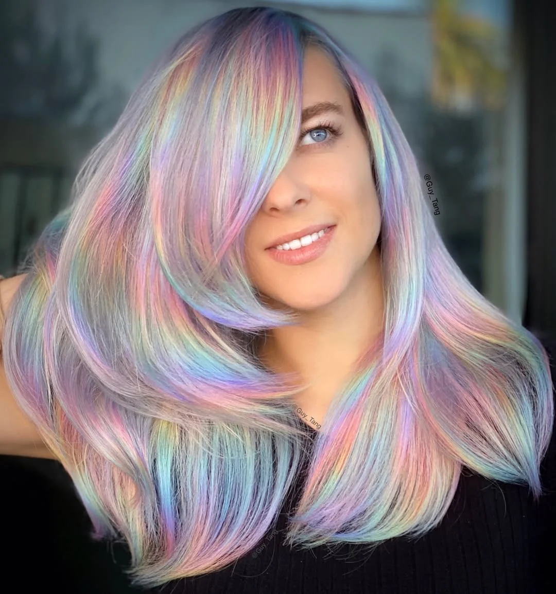 mirror shine summer glossy hair color ideas 2026 Pastel Prism Hair With A Mirror-Sheen Finish