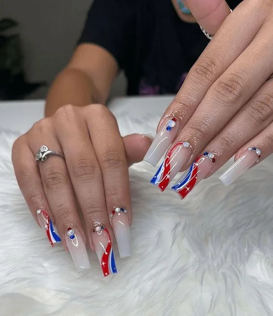 patriotic nails 2026 Long Glam Patriotic Nails With Rhinestone Details