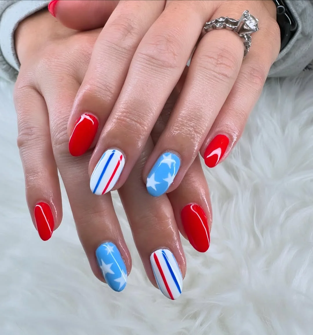 patriotic nails 2026 Bold Red White And Blue Nails With Modern Sporty Lines