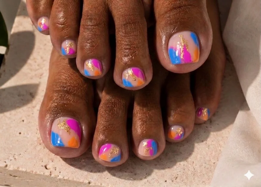 23 pedicure ideas summer trends 2026 Abstract Sunset Pedicure with Bright Vacation Colors