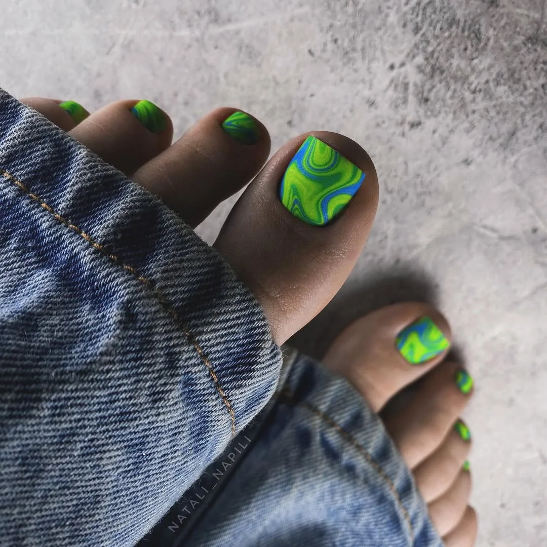 23 pedicure ideas summer trends 2026 Electric Green Swirl Pedicure Inspired by Y2K Trends