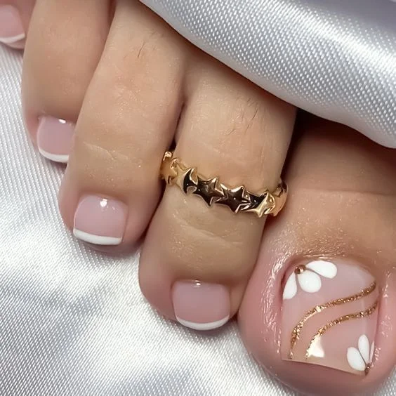 23 pedicure ideas summer trends 2026 Minimal White French Pedicure with Delicate Gold Details