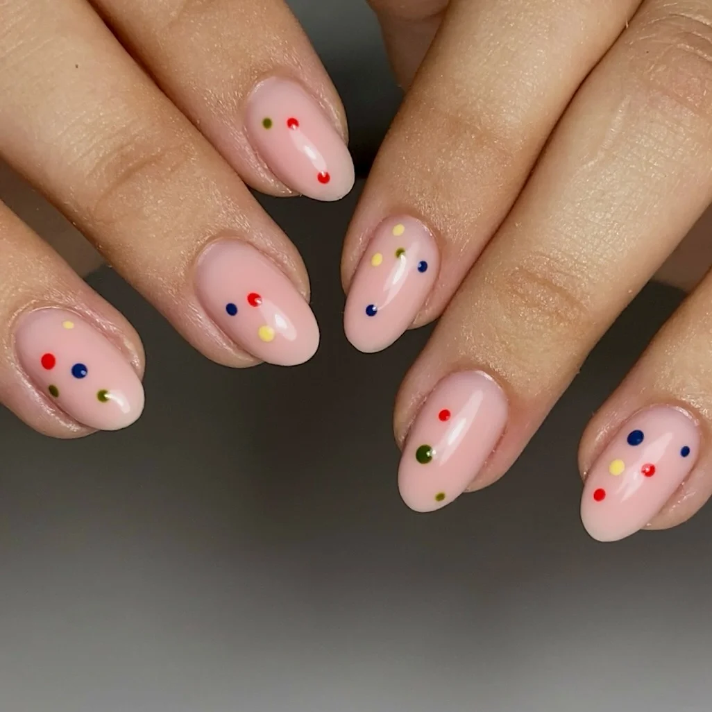 23 polka dot summer nails 2026 Colorful Confetti Dots on a Soft Pink Base