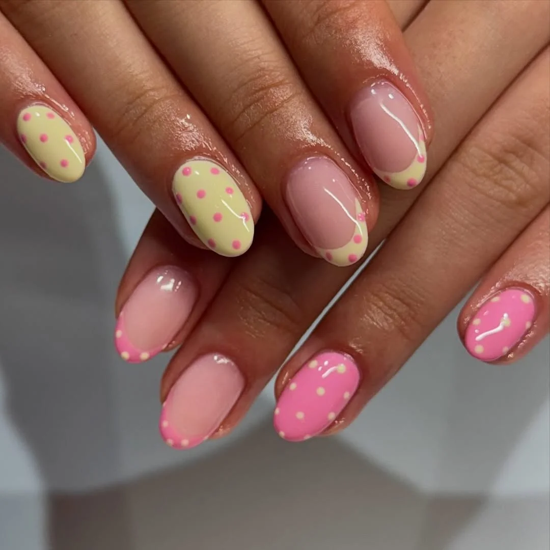 23 polka dot summer nails 2026 Pastel Yellow and Pink Dotted Summer Mix