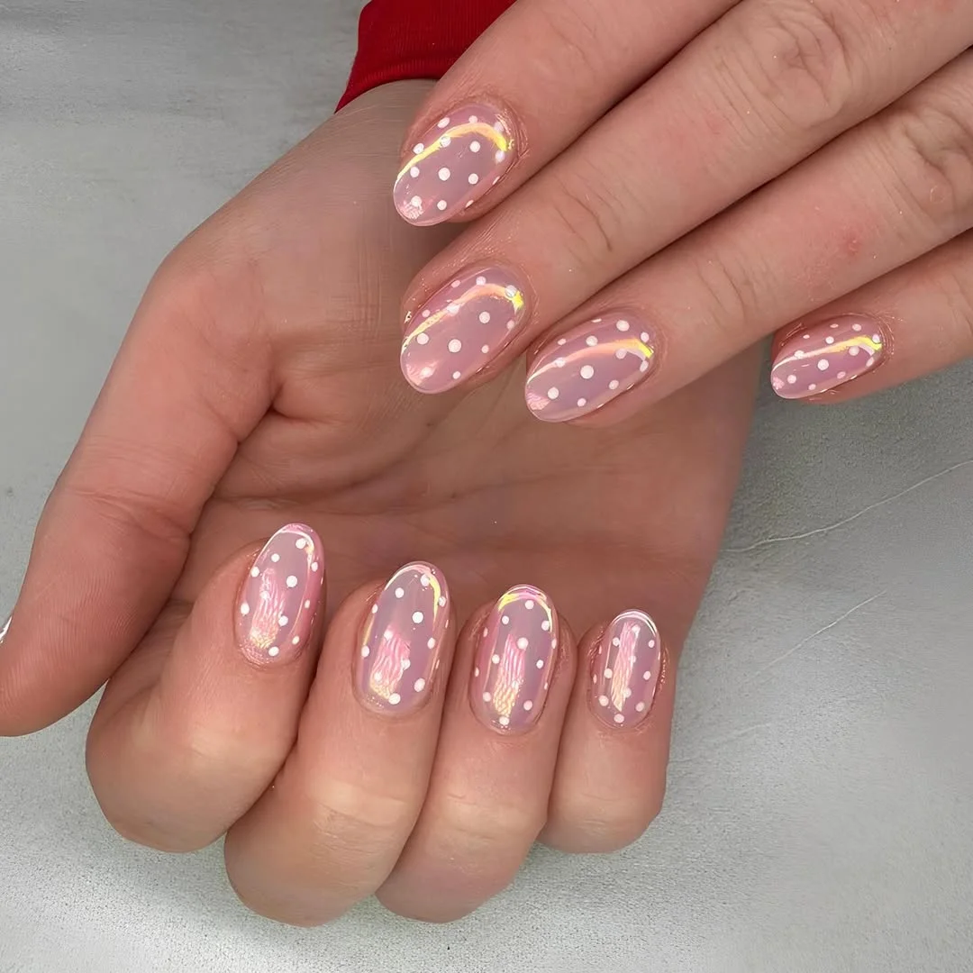 23 polka dot summer nails 2026 Glossy Sheer Pink Dots With a Pearlescent Glow