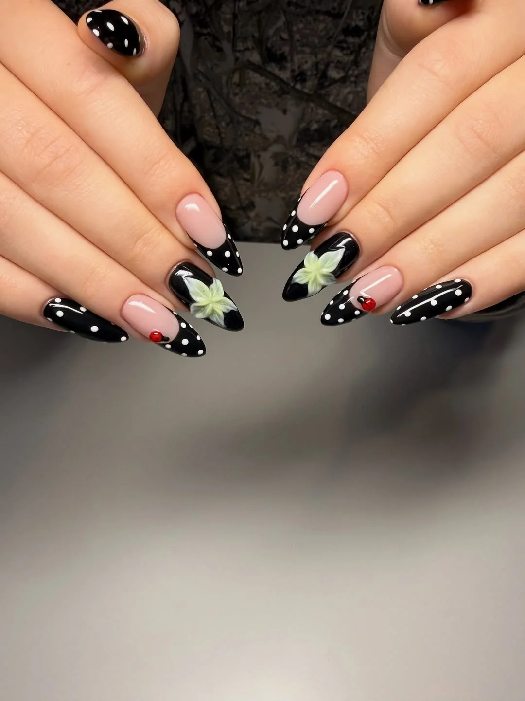 23 polka dot summer nails 2026 Black Polka Dots and Floral Details With Vintage Charm