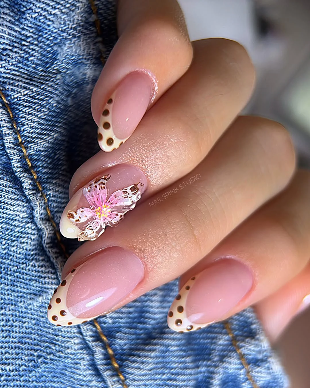 23 polka dot summer nails 2026 Soft French Tips With Delicate Floral Polka Dot Accents