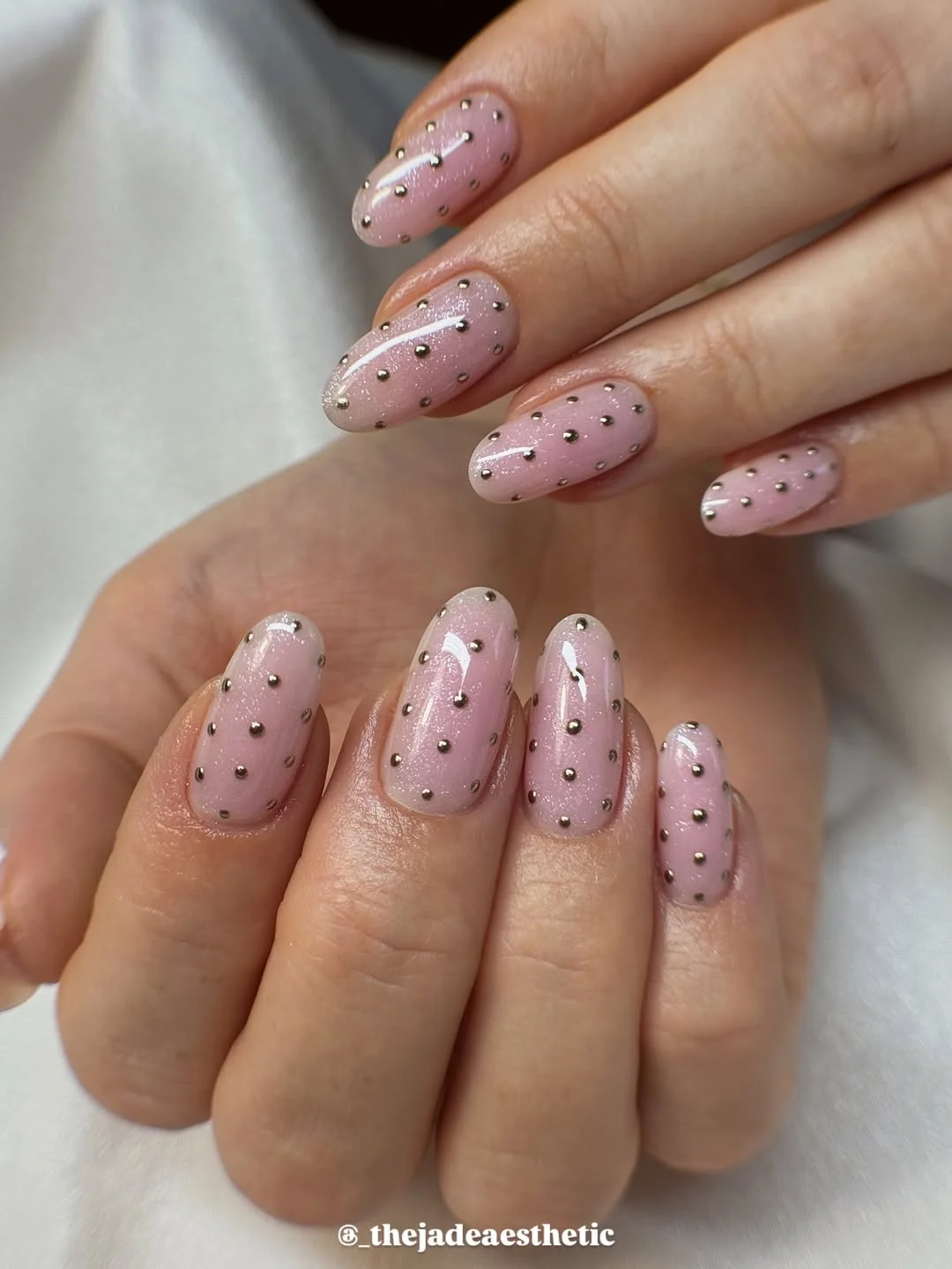 23 polka dot summer nails 2026 Soft Pink Metallic Polka Dot Elegance