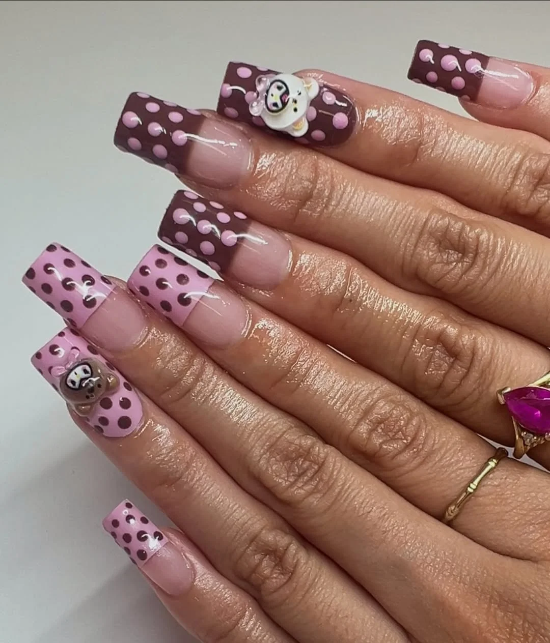 23 polka dot summer nails 2026 Pink and Mocha Polka Dot Character Nails