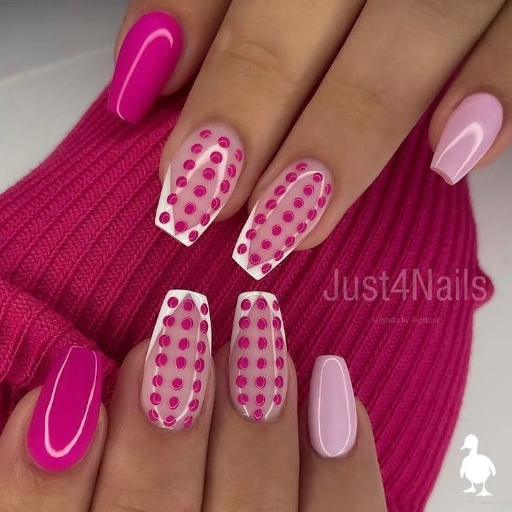 23 polka dot summer nails 2026 Hot Pink Dots and Modern Square Glam