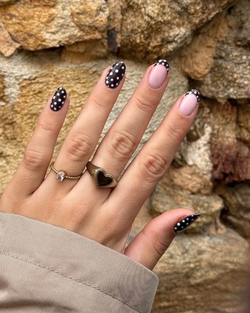 23 polka dot summer nails 2026 Black and White Polka Dots With Parisian Energy
