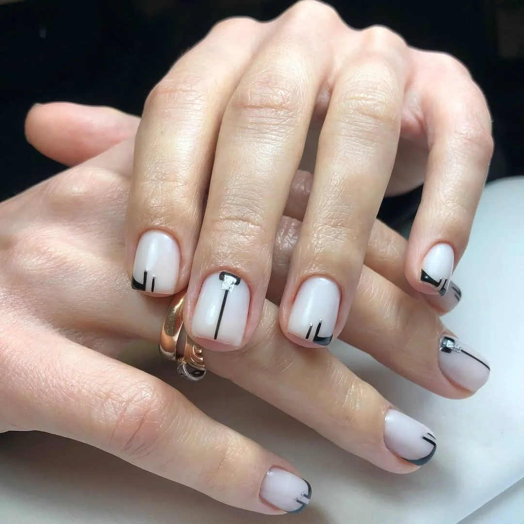 23 short squoval nails design 2026 Minimalist Monochrome Lines With Editorial Elegance