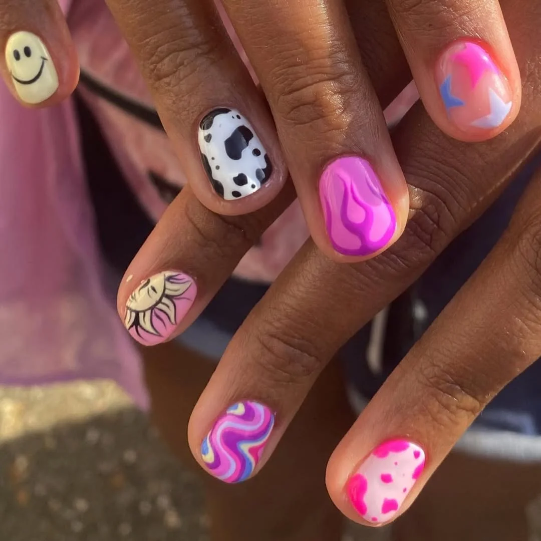 23 short squoval nails design 2026 Playful Y2K Swirls and Pop Art Energy