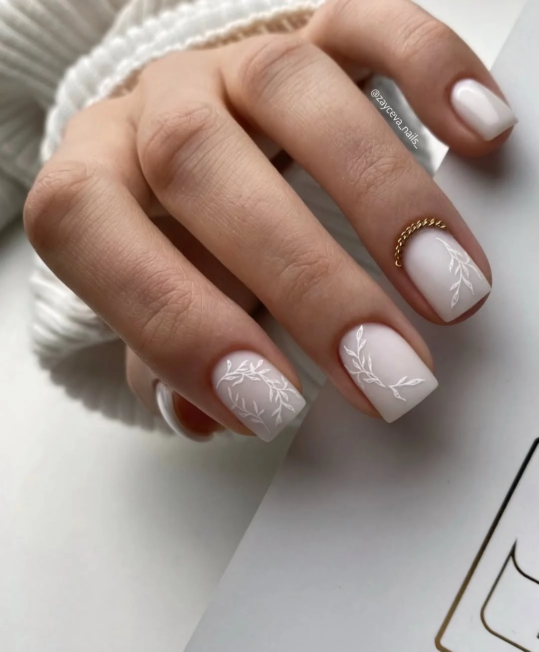 23 short squoval nails design 2026 Classy White Botanical Nails With Winter Elegance