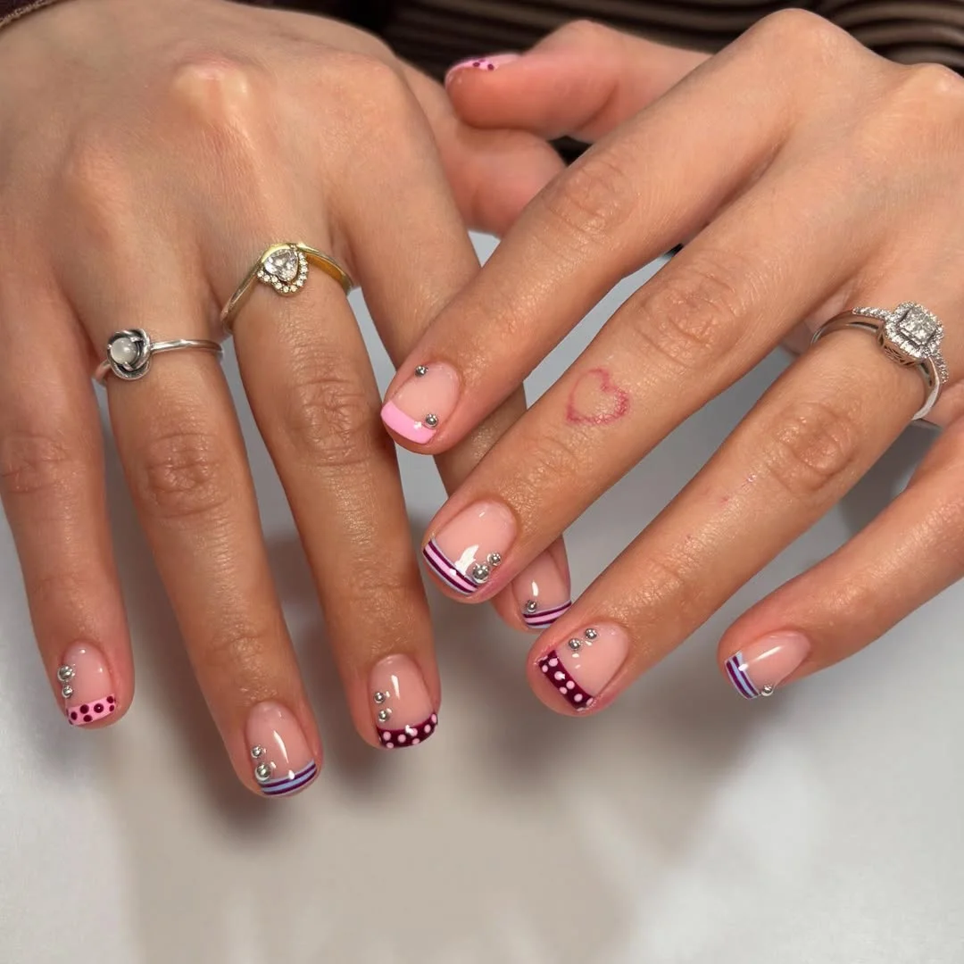23 short squoval nails design 2026 Playful Pink French Details With Tiny Crystal Accents